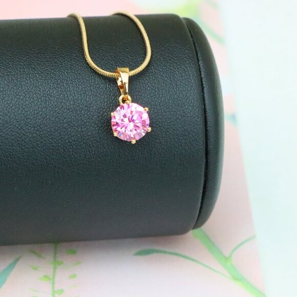 "Sparkling Pink Round Pendant in Gold Finish for Everyday Elegance, XPPT1673 - Picture 3 of 13